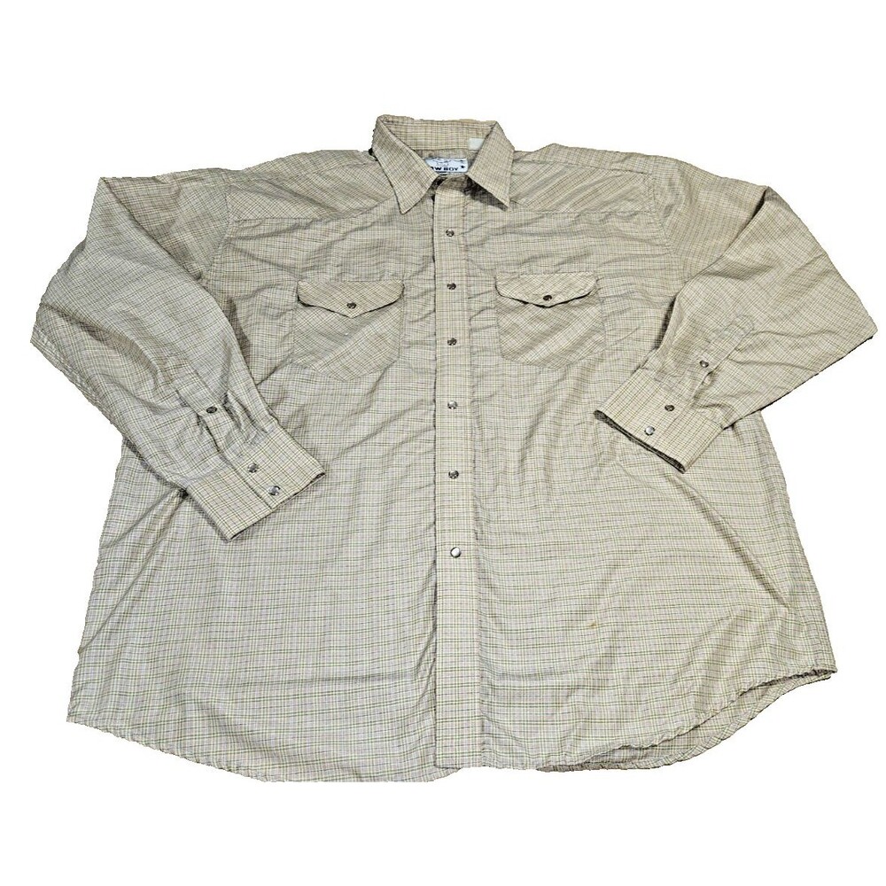 Vtg Crazy Cowboy Western Shirt xxl mens Pearl Snap plaid brown beige long sleeve